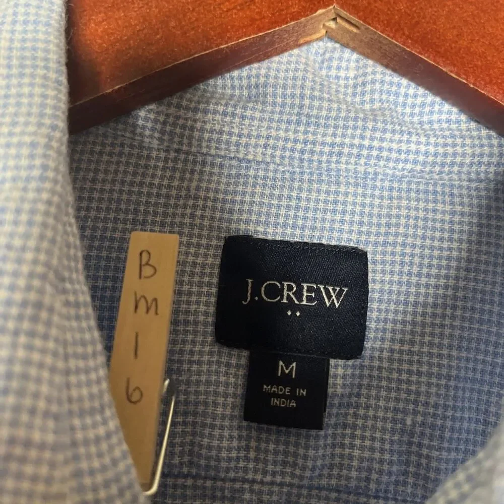 J Crew Linen Cotton Gingham Long Sleeve Button Down Collar Dress Shirt SZ M